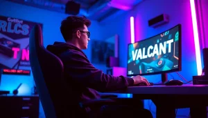 Download VALORANT with a focused gamer at a sleek desk amidst captivating neon lights.