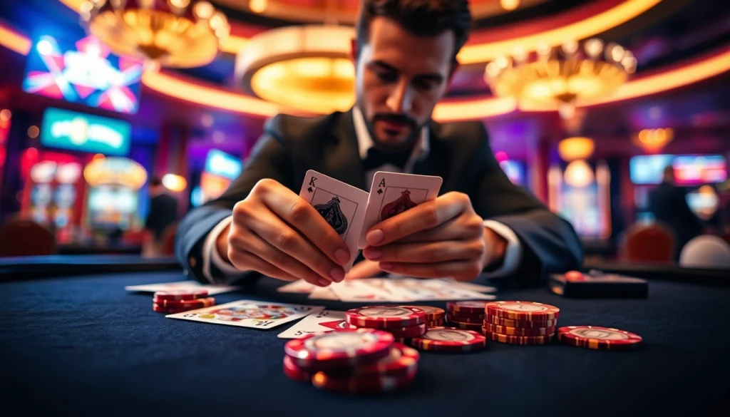 Gambler at a blackjack table with vibrant casino background at https://mm88bc.com/ highlighting intense focus on cards.