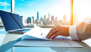 Bewertung von Immobilien mit https://frankfurt-immobilie-bewerten.de in einem modernen Büro mit Stadtansicht im Hintergrund.