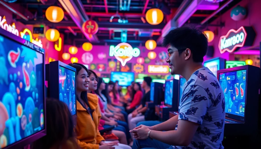 Menampilkan bagian dalam lounge game yang ramai dengan orang-orang menikmati permainan koi800 game.