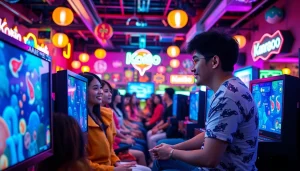 Menampilkan bagian dalam lounge game yang ramai dengan orang-orang menikmati permainan koi800 game.