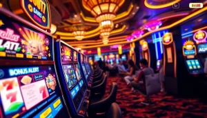 Menggambarkan pengalaman bermain bos88 dengan mesin slot menawan dan suasana kasino yang ramai.