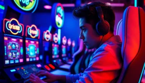 Menangkan QRIS108 Slot dengan pemain video game profesional di lingkungan modern yang cerah.