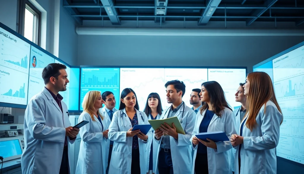 Researchers collaborating on the ADAPTABLE Aspirin Study in a modern lab setting.