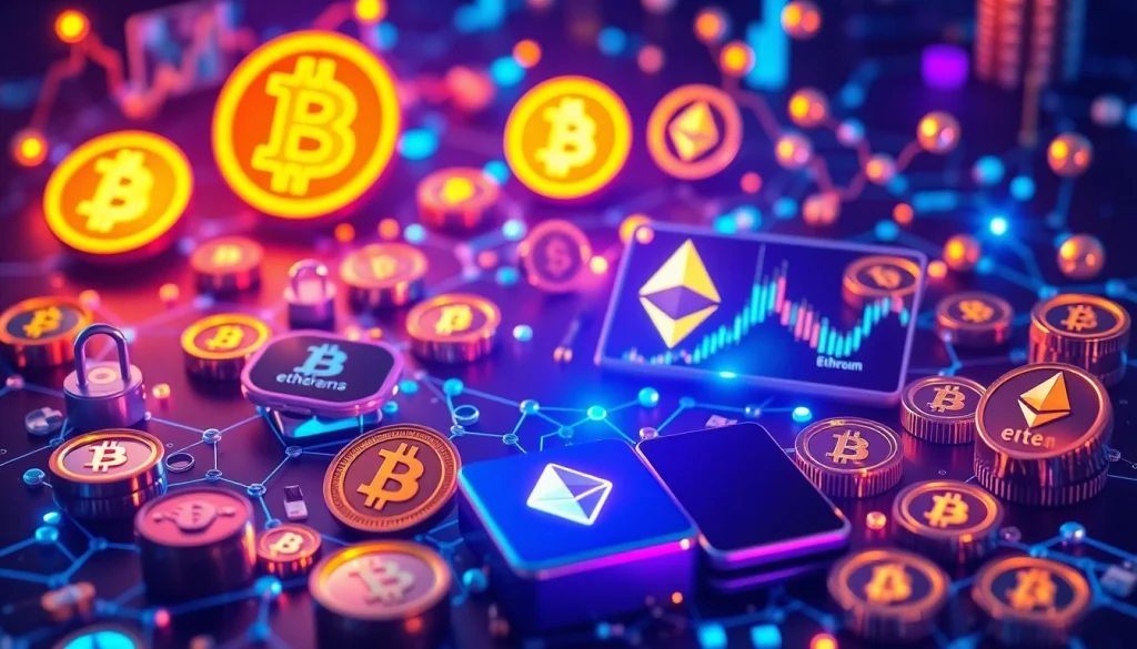 Cryptocurrency symbols and blockchain visuals representing secure digital finance and trading technology.