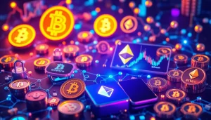 Cryptocurrency symbols and blockchain visuals representing secure digital finance and trading technology.