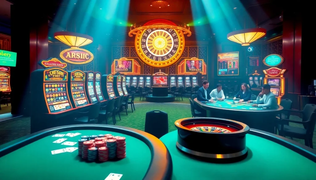 A luxurious casino scene depicting the lively atmosphere of KJC AC 1, complete with poker tables, slot machines, and roulette.