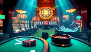 A luxurious casino scene depicting the lively atmosphere of KJC AC 1, complete with poker tables, slot machines, and roulette.