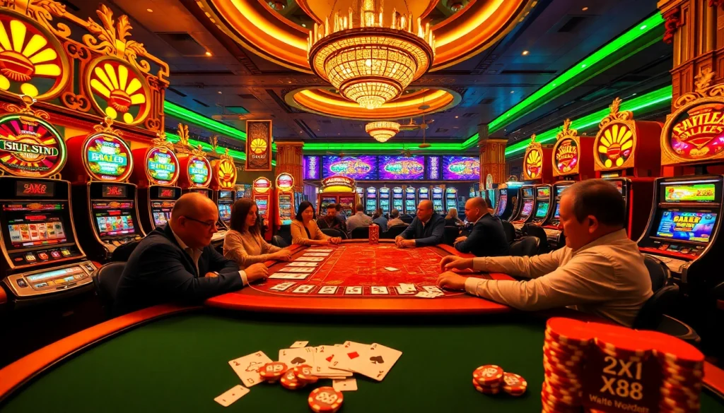 XX88 casino atmosphere with players enjoying exciting blackjack and vibrant slot machines.