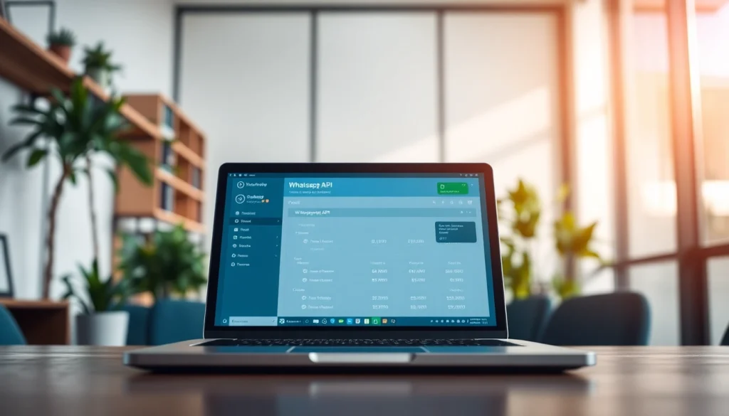Showcasing the WhatsApp API dashboard on a laptop in an inviting office setting.