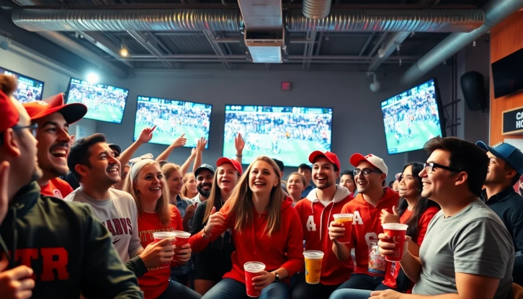 스포츠중계에 집중하는 팬들이 즐거운 분위기에서 경기를 시청하는 모습
