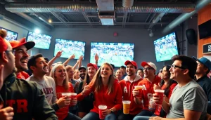 스포츠중계에 집중하는 팬들이 즐거운 분위기에서 경기를 시청하는 모습