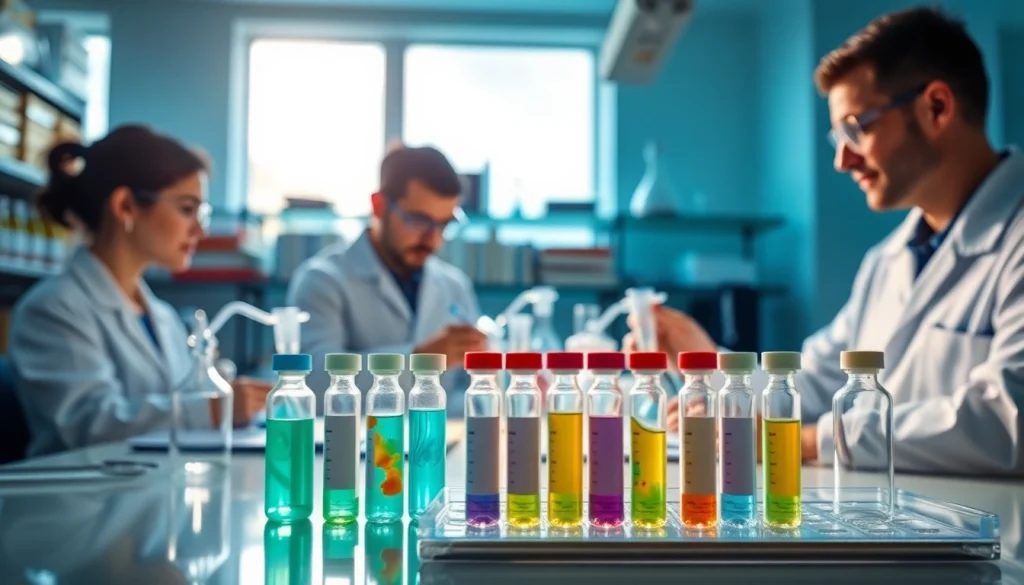 Analyze research peptides in a professional lab setting, showcasing glassware and vibrant samples.