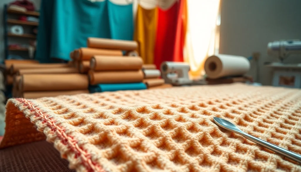 Bekijk de wafel katoen met rijke details en levendige kleuren in een stoffen werkplaats.