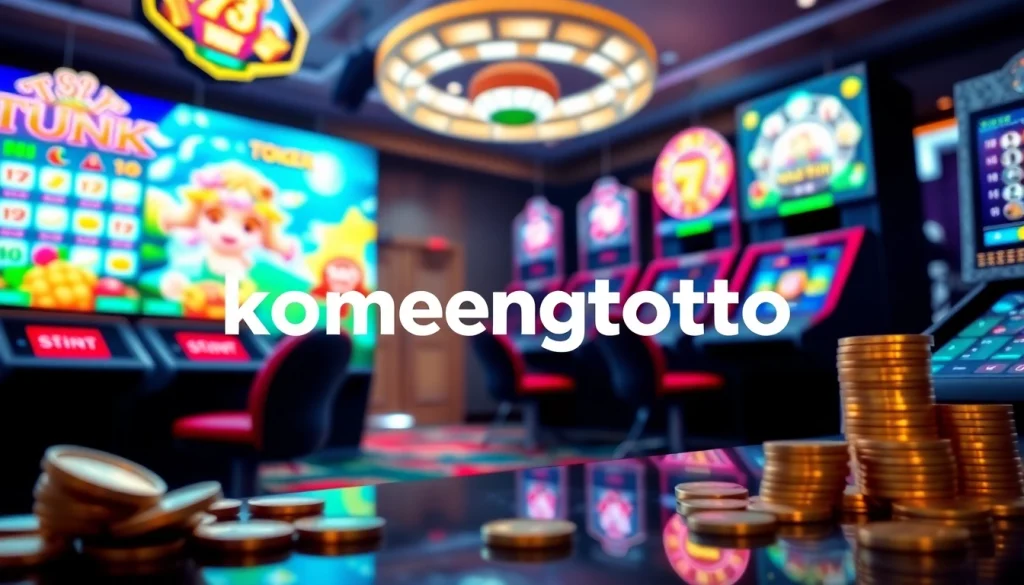 Menggambarkan logo komengtoto dengan latar belakang grafis perjudian yang dinamis.