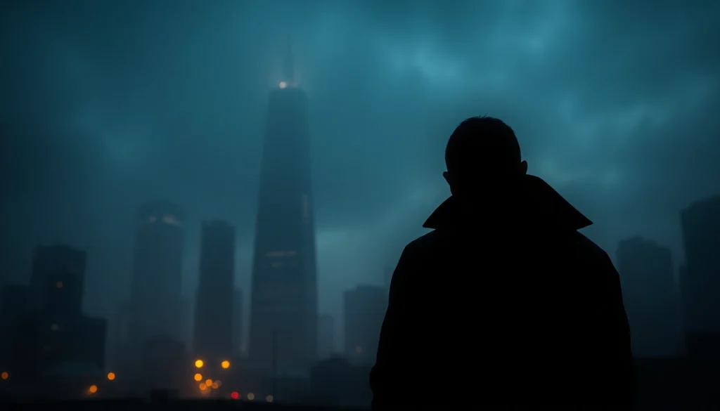 Engaging clean thriller book cover featuring a mysterious silhouette and city skyline.