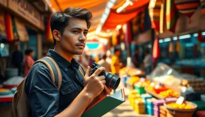 Travel journalist discovering fascinating stories at https://travelingossip.com bustling market.