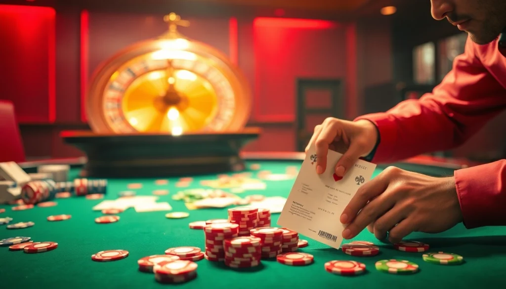 Experience the thrill of winning at c168me.com with vibrant poker chips and betting slips on a casino table.