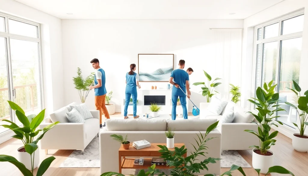 Enhance your home with our Cleaning Service, featuring a dedicated team sterilizing a bright living room.