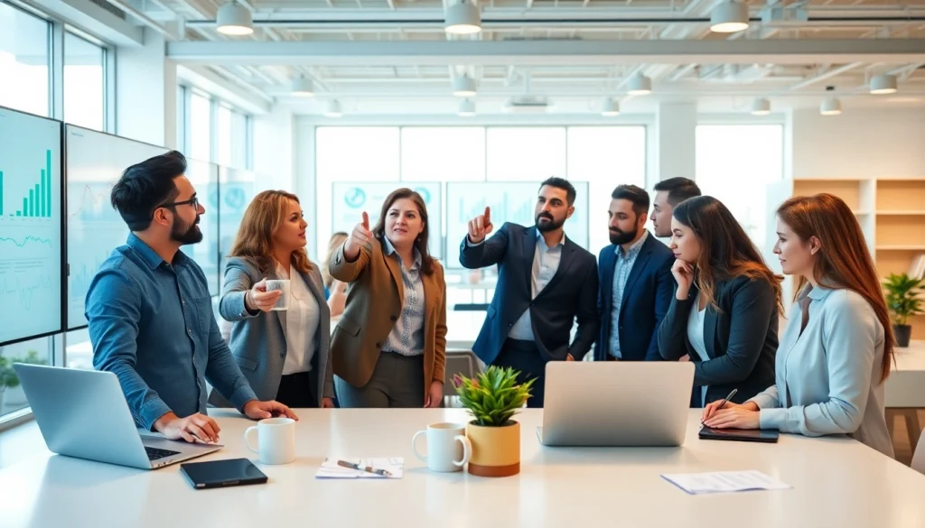 A diverse team in a modern office analyzing data with 888 new metrics prominently displayed on screens.