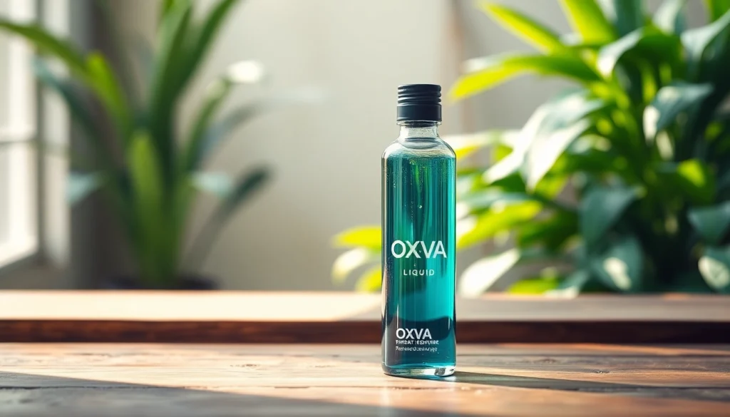 Oxva Liquid in a stylish bottle on a wooden table surrounded by fresh greenery.