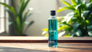 Oxva Liquid in a stylish bottle on a wooden table surrounded by fresh greenery.