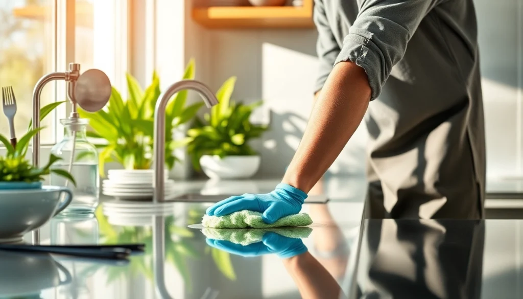 Kitchen deep cleaning Dubai service showcasing professional cleaner scrubbing countertops in a modern kitchen.