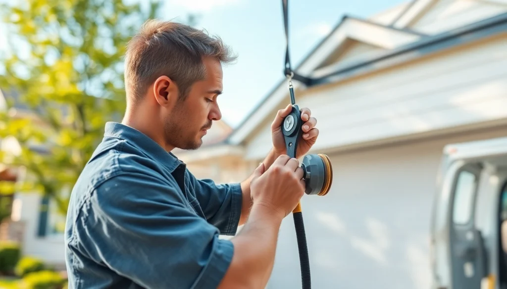 Performing a garage door replacement on a suburban home by a professional technician