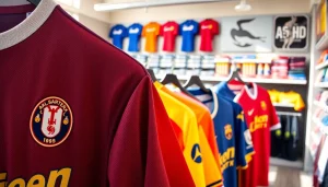 Showcasing vibrant football kits arranged in a lively sports store atmosphere.