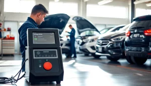 Performing a California Smog Check in a well-equipped garage with modern tools.