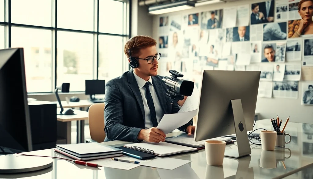 Journalist working diligently at sootimesnews.com in a bright, modern newsroom.