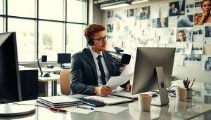 Journalist working diligently at sootimesnews.com in a bright, modern newsroom.