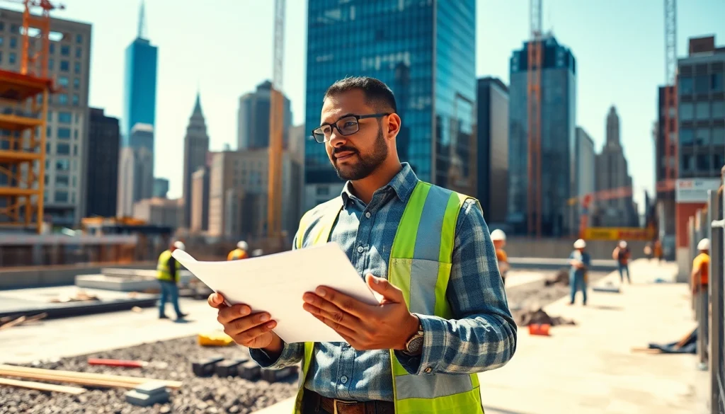 New York City Construction Manager oversees a bustling construction site in the urban skyline.