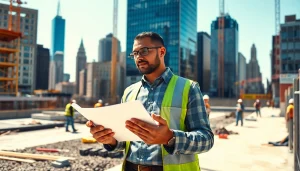New York City Construction Manager oversees a bustling construction site in the urban skyline.