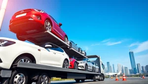 Car shipping company showcasing luxury vehicles on a transport truck in a cityscape.