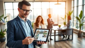 Real Estate agent presenting property listings in a modern office environment with a welcoming atmosphere.