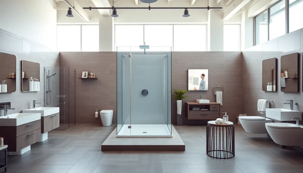 Sonni sanitär GmbH bietet eine elegante Duschtrennwand in einem modernen Badezimmer-Showroom dar.