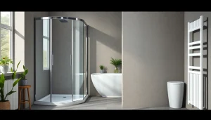 Sicht auf sonni sanitär Produkte in einem modernen Badezimmer mit eleganten Duschkabinen.