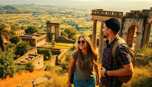 Couple capturing memories at ancient ruins while traveling with https://travelvixta.com.