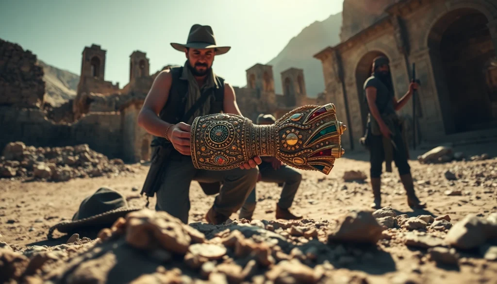 Treasure hunters examining a golden artifact in the legendary King Solomon's Mine.