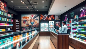 In einem einladenden vape shop zeigt ein Mitarbeiter den Kunden eine Vielzahl von Produkten.