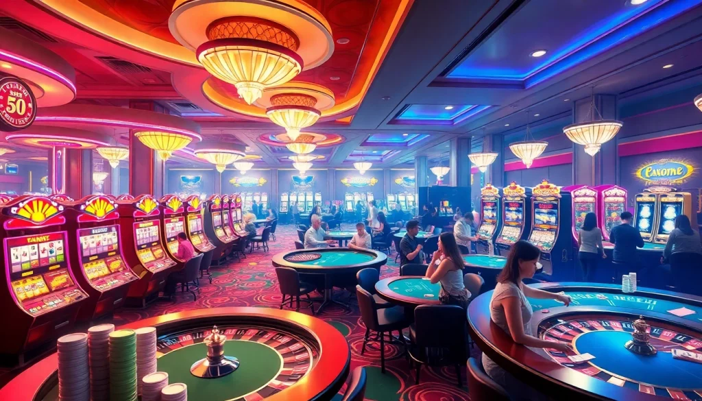 Experience the vibrant gambling world of KJC AC 1 with players enjoying casino tables and slot machines.