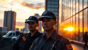 Security Guards demonstrating vigilance and professionalism in an urban sunset backdrop.