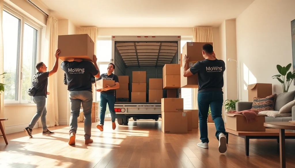 Efficient Toronto moving company movers transporting furniture and boxes in a bustling apartment environment.
