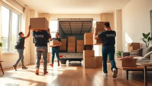 Efficient Toronto moving company movers transporting furniture and boxes in a bustling apartment environment.