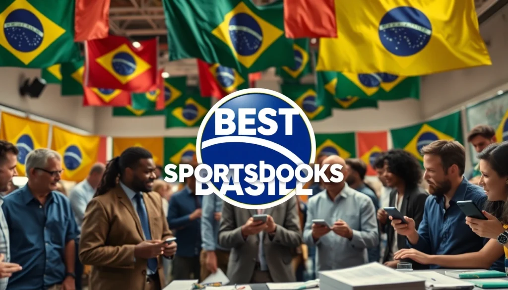 Showcasing the best sportsbooks in Brazil in a lively betting hub filled with bettors and vibrant symbols.