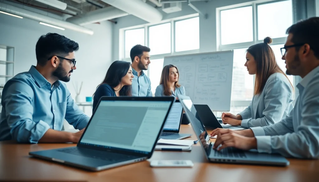 Collaborative team at a software testing company engaged in project planning and strategy.