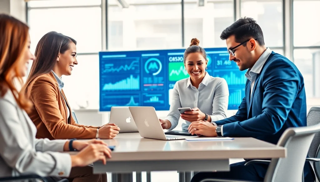 Engaged professionals discussing technology companies in a modern office setting.