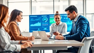 Engaged professionals discussing technology companies in a modern office setting.