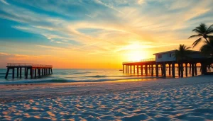 Relaxing sunset view over Clearwater Beach with iconic pier and golden waves.